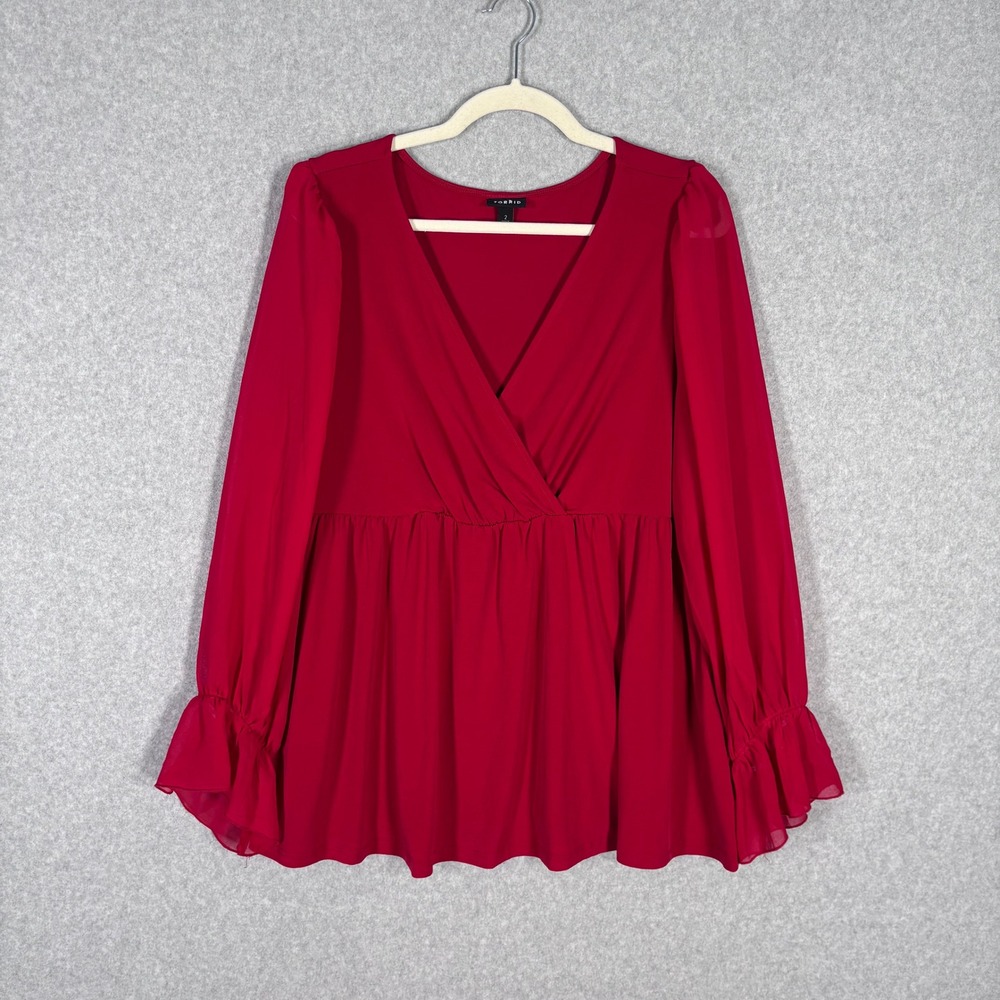 Torrid Babydoll Tunic Top 2X Red Blouse Wrap Pleated Coquette Feminine Romantic